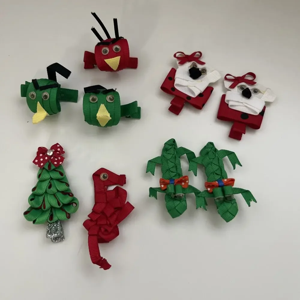 Lot Of 9 Ribbon Designed Hair Clips Christmas Bulldog Gators More